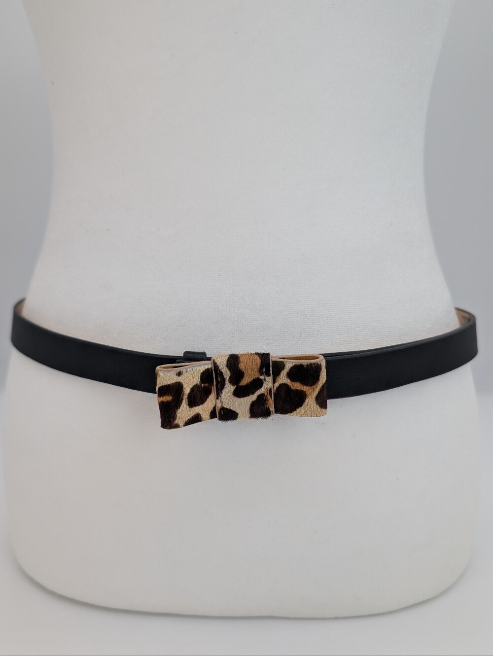 Cole Haan Leather Skinny Bellt Leopard Print Calf Hair Bow Black M/L Y2K Vintage